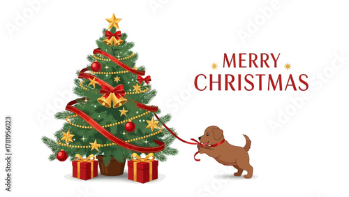 Christmas Cheer with Puppy: A decorated Christmas tree, adorned with festive ornaments and ribbons, stands alongside a playful puppy, embodying the spirit of the season. Merry Christmas is written.