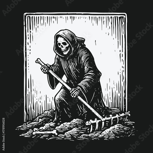 Vintage woodcut style Grim Reaper raking bones and earth.