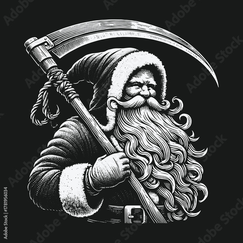 Menacing Santa Claus as the Grim Reaper with a Scythe.