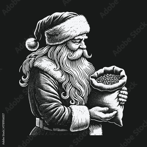 Vintage black and white illustration of Santa Claus holding a sack of coffee beans.