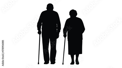 Elderly couple silhouettes with walking sticks isolated on white background, Vector