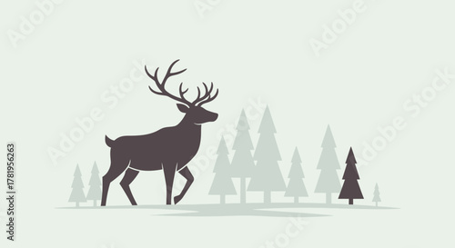 Minimalist Silhouette Noble Deer in a Forest Landscape Illustration