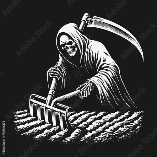 Monochrome illustration of the Grim Reaper farming with a rake.