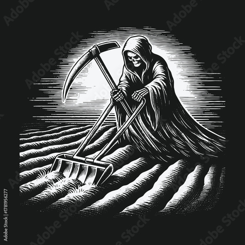 Grim Reaper as a farmer in a dark monochrome woodcut illustration.