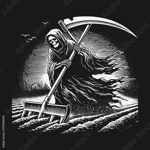 Grim Reaper farming a dark field with a scythe plow illustration.