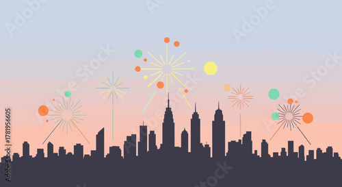 Flat Style Celebration Cityscape with Fireworks and Gradient Sky Illustration