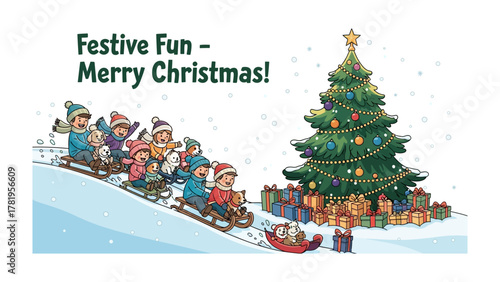 Festive Winter Wonderland: A vibrant illustration captures the magic of the festive season, with joyous children sledding down a snowy hill toward a beautifully adorned Christmas tree.
