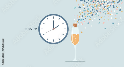Simple Celebration with Clock Countdown and Champagne Glass Illustration