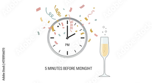 Minimalist Illustration of Five Minutes to Midnight with Clock and Champagne