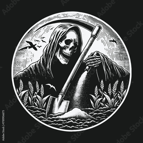 Black and white circular illustration of the Grim Reaper digging in a wheat field with a scythe shovel.