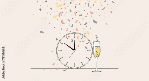 Line Art Countdown Clock with Champagne Glass Celebration Illustration