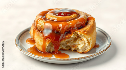 Caramel Topped Cinnamon Pastry, Dripping Syrup Dessert on White Plate, Macro Food Shot