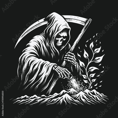 Monochrome Illustration of the Grim Reaper Cultivating a Sprout.