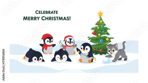 Festive Penguins: A heartwarming Christmas illustration showcasing a group of adorable penguins engaging in holiday festivities around a decorated tree, perfect for spreading holiday cheer.