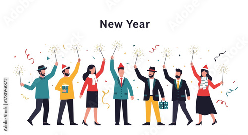 Flat Illustration of Diverse People Celebrating New Year with Sparklers