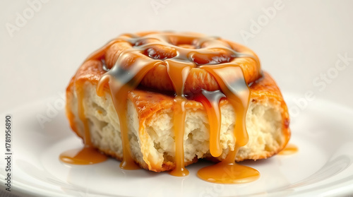 Gooey Caramel Cinnamon Roll with Syrup Glaze, Fresh Baked Sweet Treat