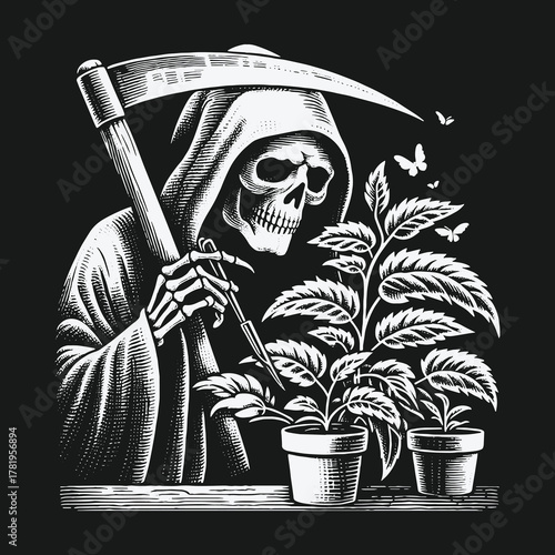 Macabre Grim Reaper Tending to Potted Plants Illustration.