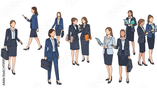 Diverse group of professional businesswomen in various poses, ready for corporate tasks