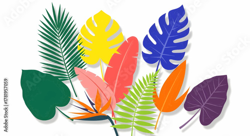 A harmonious arrangement of stylized, vibrantly colorful tropical leaves creating a contemporary and exotic design element.