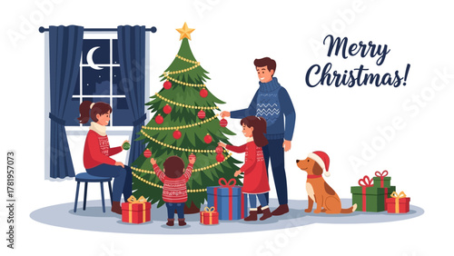 Christmas Family Joy: A heartwarming family scene unfolds as they gather around a festively decorated tree. Capturing the spirit of togetherness, laughter, and the magical essence of Christmas.
