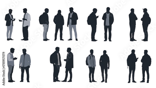 Set of vector silhouettes of two men standing and talking in various poses