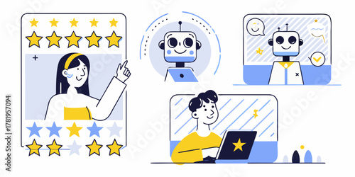 Customer service robot providing excellent feedback and support to users with laptops and star ratings