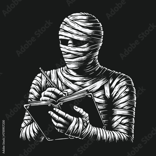 Mysterious ancient mummy writing a diary entry illustration.