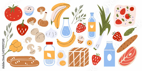 A whimsical collection of fresh food items and ingredients in a flat design style