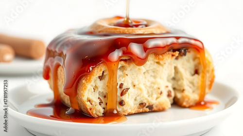 Caramel Drizzled Cinnamon Roll on White Plate, Sweet Dessert Close-Up with Syrup Pour