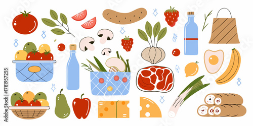 A vibrant collection of fresh food items and groceries depicted in a charming flat illustration style