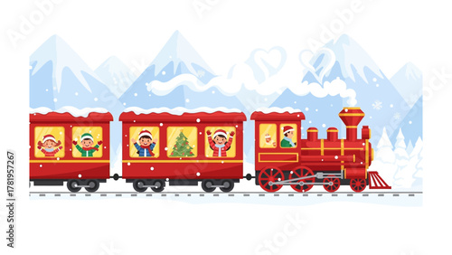 Whimsical Winter Express: A vibrant, festive train chugs merrily through a snowy wonderland, adorned with animated figures eager to welcome the festive season. A scene of seasonal joy! 