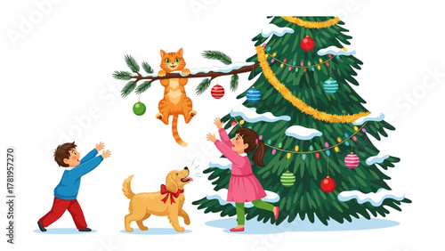 Christmas Day Cheer: A playful scene of children and their furry companions reveling in the holiday spirit, decorating a Christmas tree. With cat&dog and Christmas tree!