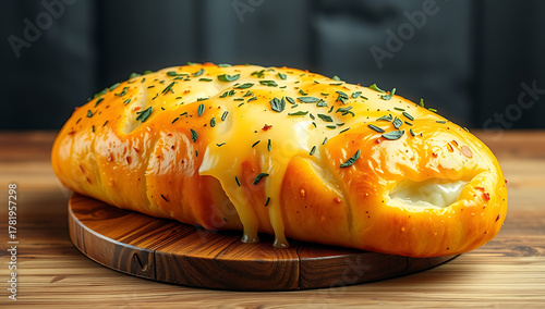 Garlic Bread with Melted Cheese and Herbs, Rustic Artisan Loaf Close-Up