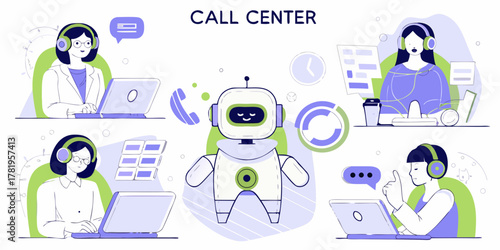 Call center agents and a friendly robot working together in a modern office environment