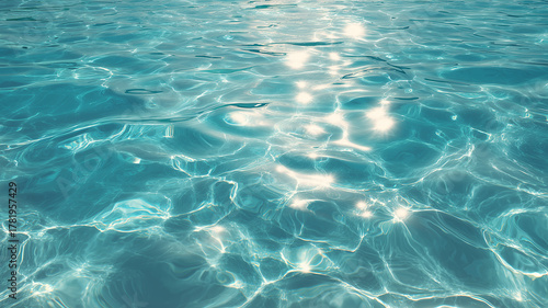 透明なエメラルドグリーンの水面：きらめく太陽の光と水中波紋