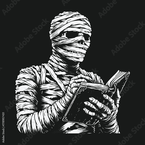 Monochrome Illustration of a Mummy Writing in a Book.