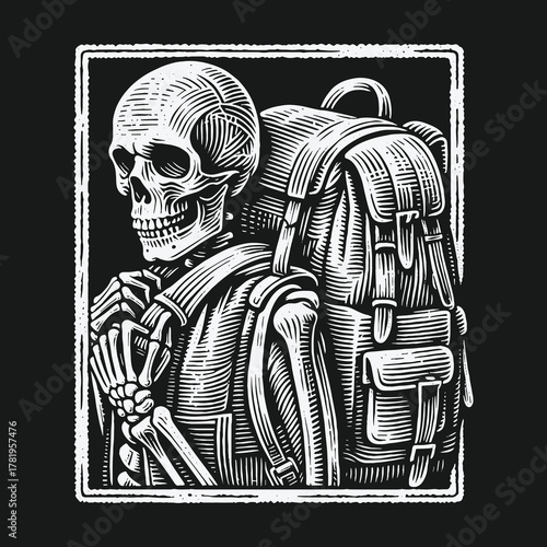 Skeleton traveler with a large backpack in a vintage woodcut style illustration.