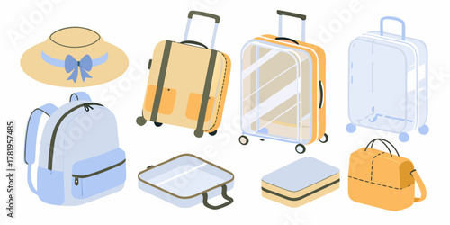 Collection of travel luggage including suitcases backpacks hat and travel bags in a flat design style
