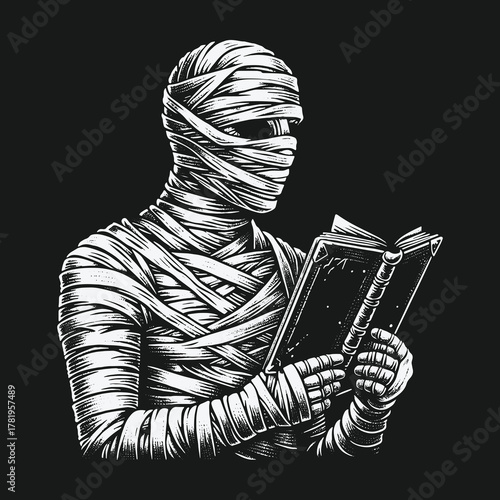 Vintage monochrome illustration of an ancient mummy reading a book.
