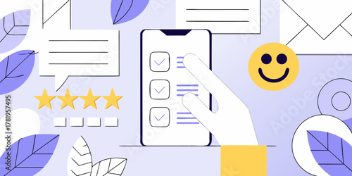 Customer feedback and satisfaction survey with star ratings and positive smiley face illustration