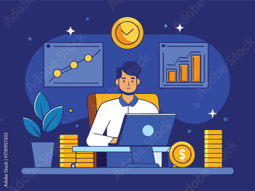 Vector cartoon illustration of a seated businessman diligently managing financial reports and market growth charts on a laptop in a stylized blue office