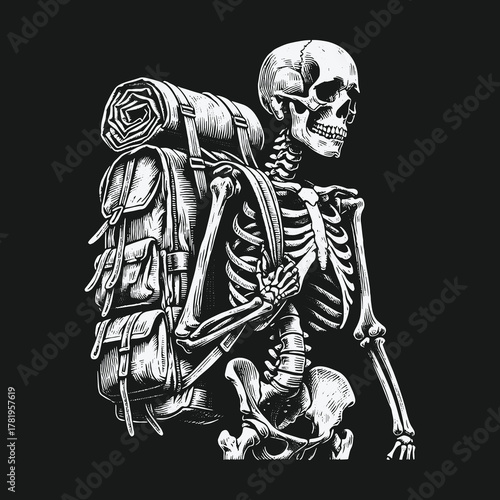 Monochrome illustration of a hiking skeleton with a backpack.