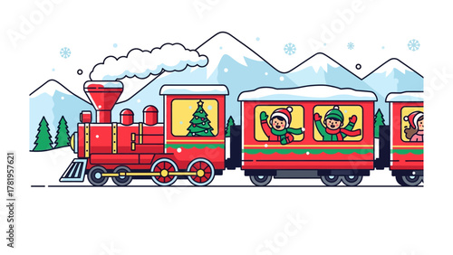 Festive Express: A vibrant holiday train steams through a snowy landscape, carrying cheerful passengers, an iconic image of winter joy.