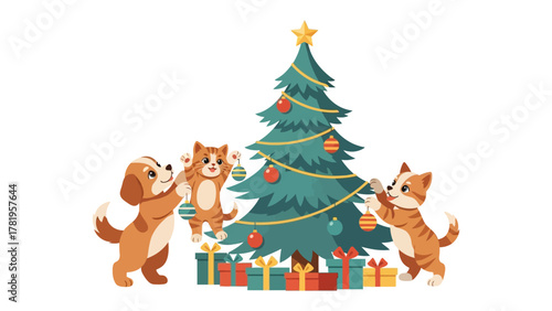 Holiday Cheer with Pets: A charming illustration depicts the holiday spirit, with a puppy and two kittens adorning a Christmas tree, creating a scene of joy and companionship.