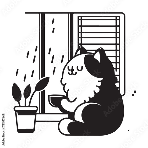 Cozy Cat Contemplating Rain Enjoying Warm Beverage Peaceful Moment.