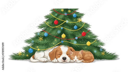 Cozy Christmas Companions: A heartwarming scene unfolds as a cat and dog snuggle together beneath a festively decorated Christmas tree, evoking feelings of comfort and holiday cheer.