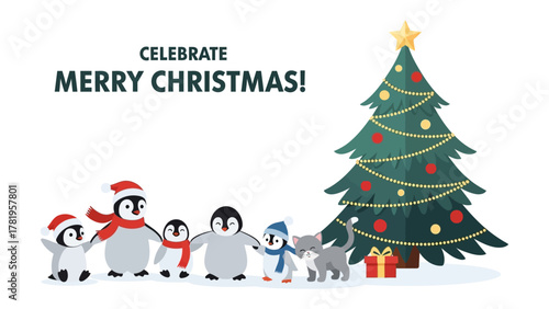 Festive Cheer and Holiday Joy: An animated illustration of penguins and a cat gather around a decorated Christmas tree, evoking warmth, togetherness, and the enchantment of the holiday season.