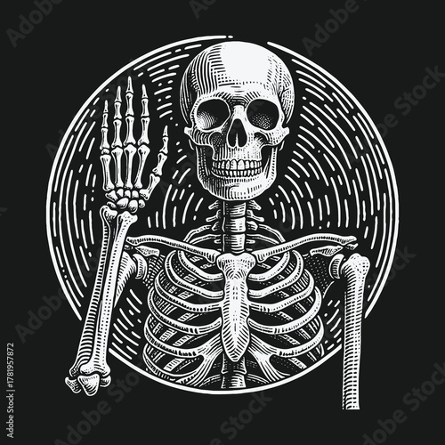 Waving Human Skeleton Vintage Engraving Style Illustration.