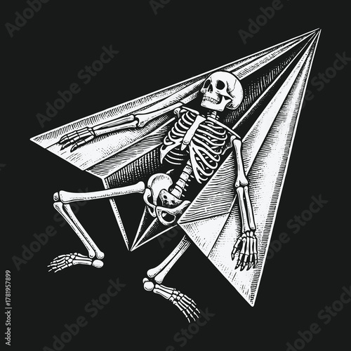 Surreal black and white illustration of a skeleton riding a paper airplane.