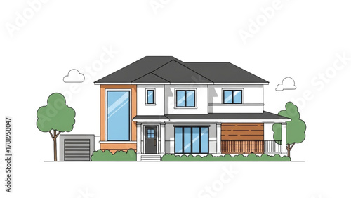 Modern Two-Story Family House with Attached Garage and Lush Green Trees